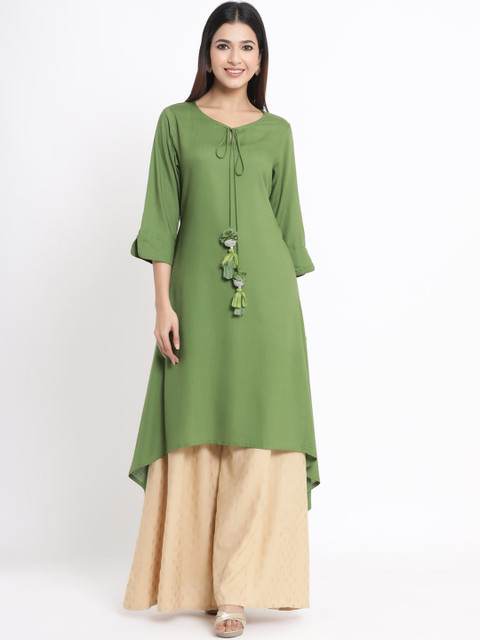 

Juniper Women Olive Green Solid A-Line Kurta