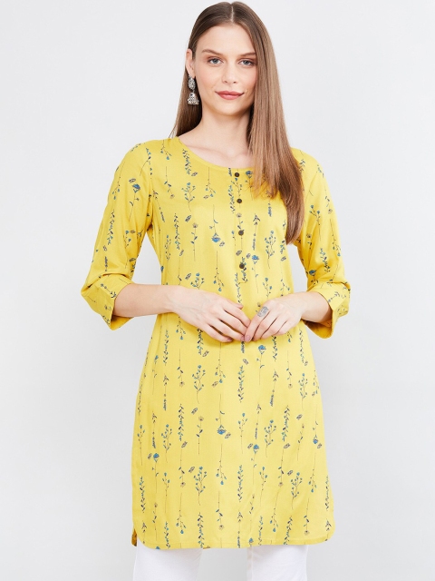 

max Women Mustard Yellow & Blue Floral Printed Straight Kurti