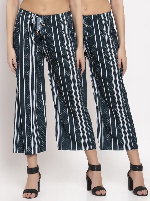 

KLOTTHE Women Pack Of 2 Green & White Striped Wide-Leg Palazzos