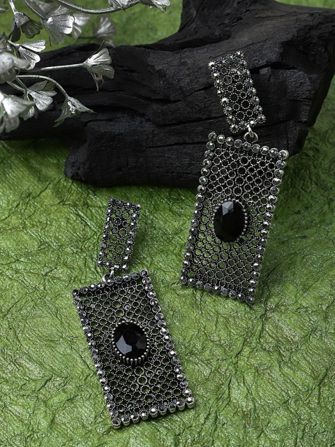 

Mali Fionna Silver-Toned & Black Geometric Drop Earrings