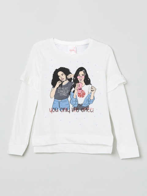 

max Girls White & Grey Printed Round Neck T-shirt