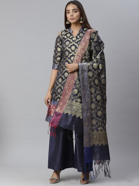 

Chhabra 555 Women Navy Blue Woven Design Kurta with Sharara & Dupatta