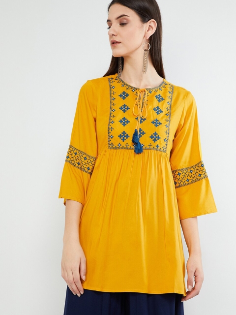 

max Women Mustard Yellow & Blue Embroidered Straight Kurti