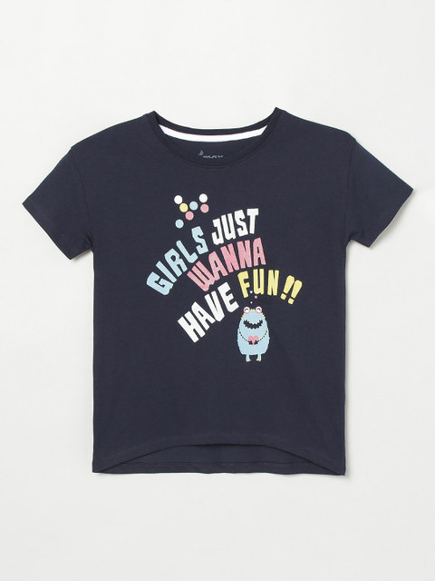 

max Girls Navy Blue Printed Round Neck T-shirt
