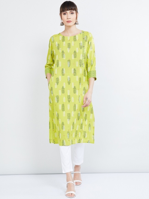 

max Women Lime Green Printed Straight Kurta