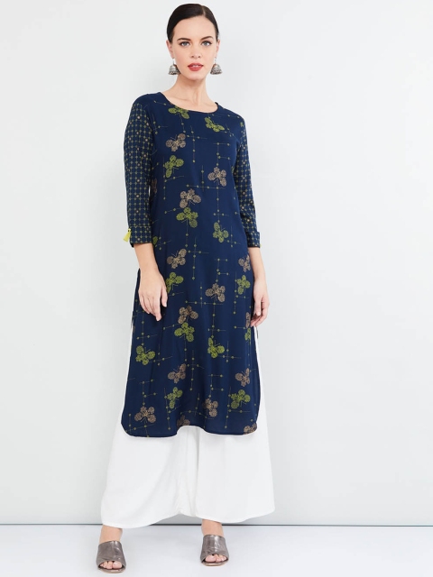 

max Women Blue Printed Straight Kurta