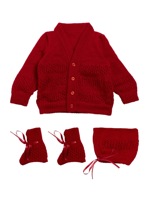 

Little Angels Infant Girls Red Self Design Cardigan Sweater Set