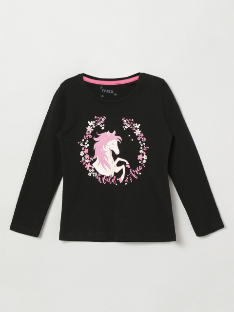 

max Girls Black Printed Round Neck T-shirt