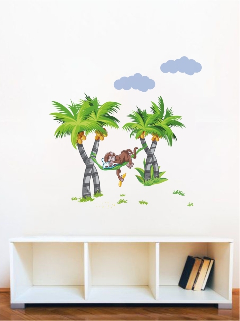 rawpockets Green Monkey on Coconut Tree PVC Vinyl Wall Stickers
