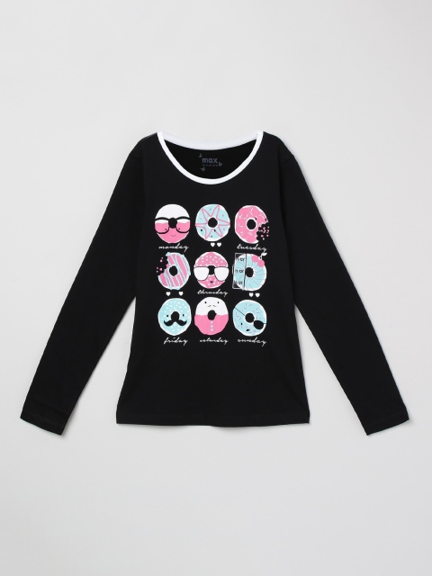 

max Girls Black Printed V-Neck T-shirt