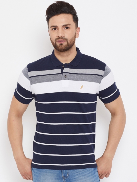 

HARBORNBAY Men Navy Blue Striped Henley Neck T-shirt