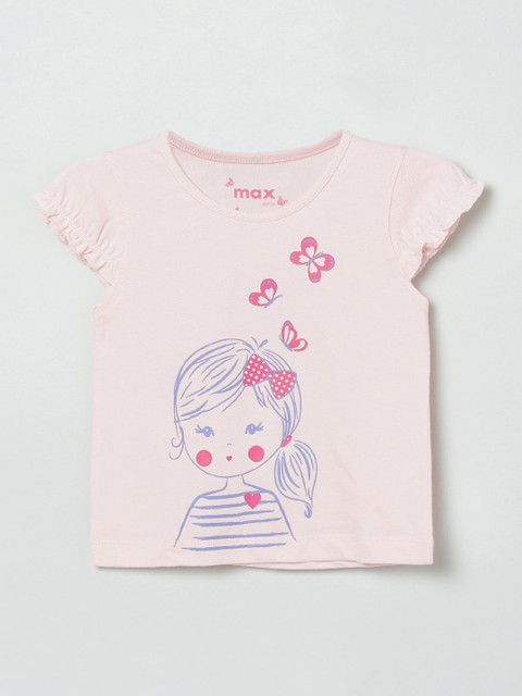 

max Girls Pink Printed Cotton Round Neck T-shirt
