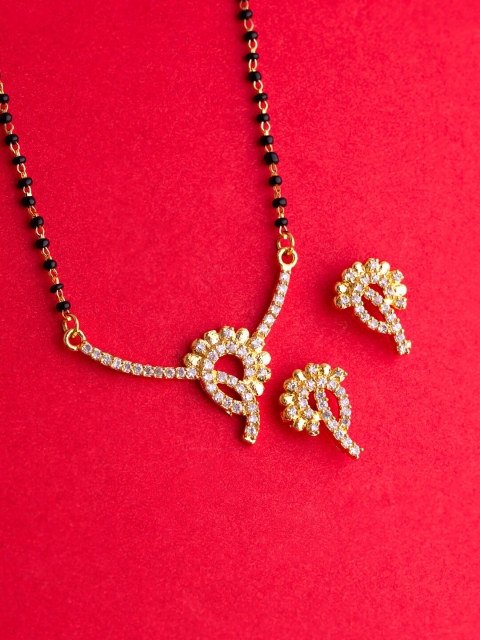 

Voylla Gold-Plated Black & White CZ-Studded Beaded Mangalsutra
