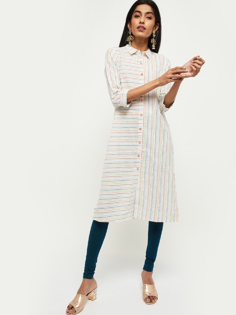 

max Women White & Yellow Striped Straight Kurta