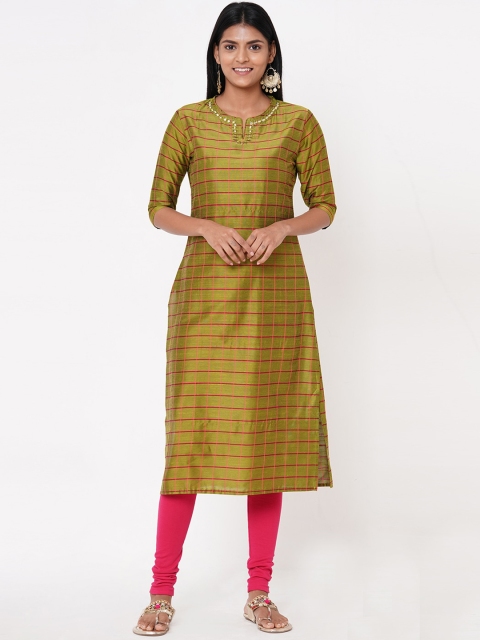 

FASHOR Women Green & Red Checked A-Line Kurta