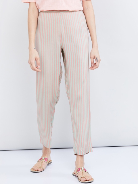 

max Women Green & Pink Striped Regular Trousers