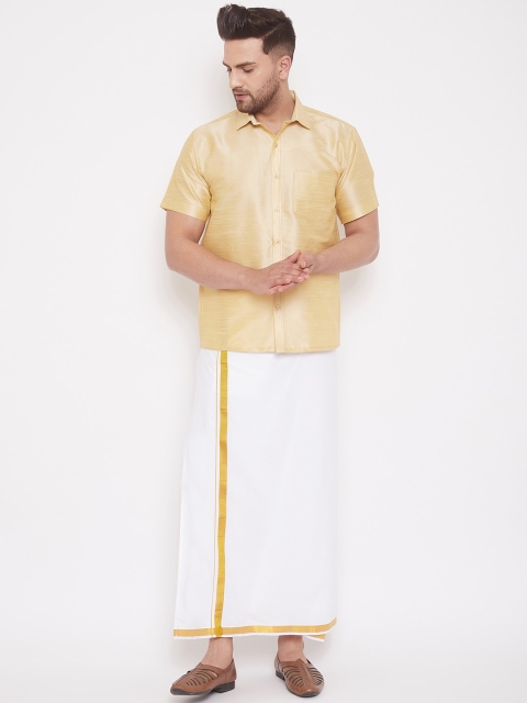 

VASTRAMAY Men Gold-Colored & White Solid Shirt With Mundu