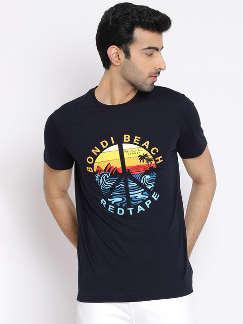 

Red Tape Men Navy Blue Printed Round Neck Cotton Pure Cotton T-shirt