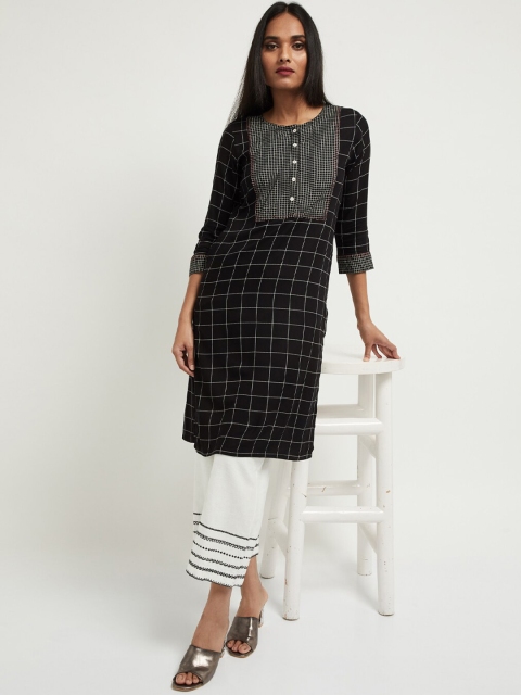 

max Women Black & White Checked Straight Kurta