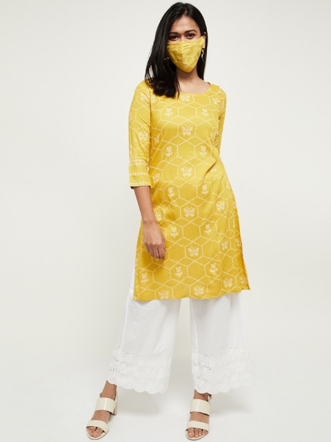 max Women Yellow White Printed Straight Kurta