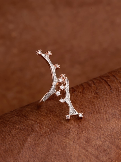

Voylla Rose Gold-Plated & White American Diamond Studded Crown Motif Finger Ring