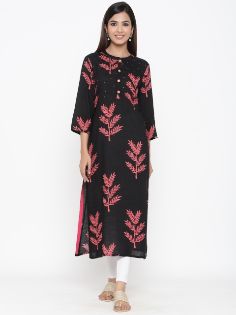 

kipek Women Black Printed Straight Kurta