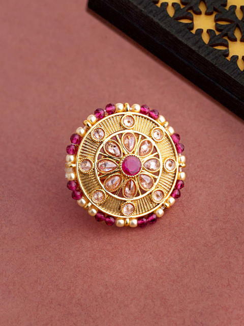

Voylla Gold-Plated Pink & White Stone-Studded Statement Finger Ring