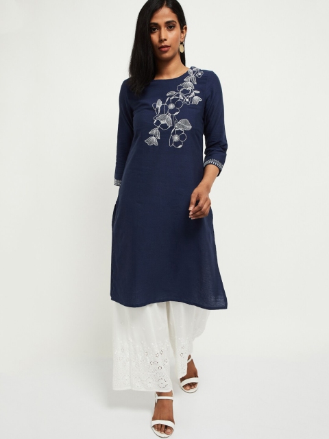 

max Women Navy Blue & White Yoke Design Straight Kurta