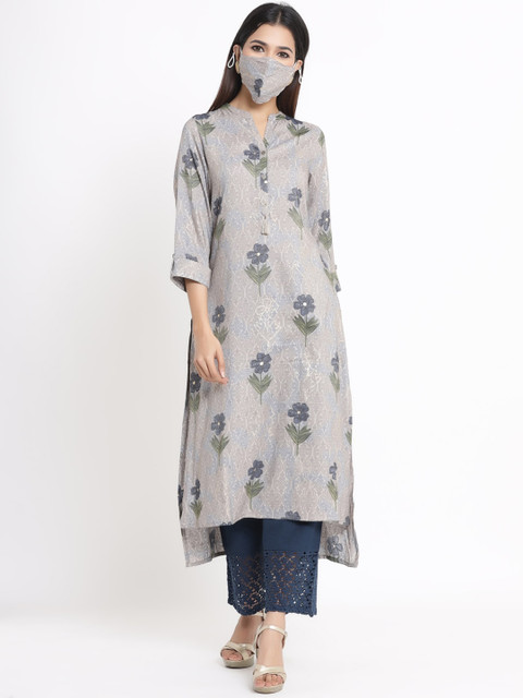 

Juniper Women Grey & Navy Blue Embroidered A-Line Kurta