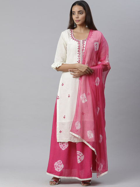 

Chhabra 555 Women Cream-Coloured & Pink Embroidered Kurti with Skirt & Dupatta