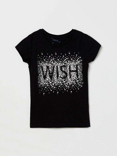 

max Girls Black Printed Round Neck T-shirt