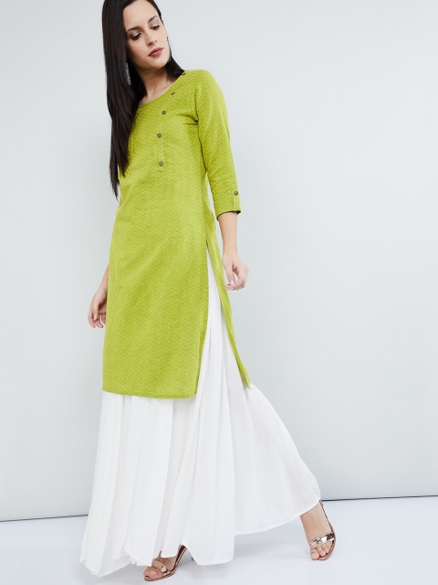 

max Women Lime Green Striped Straight Kurta