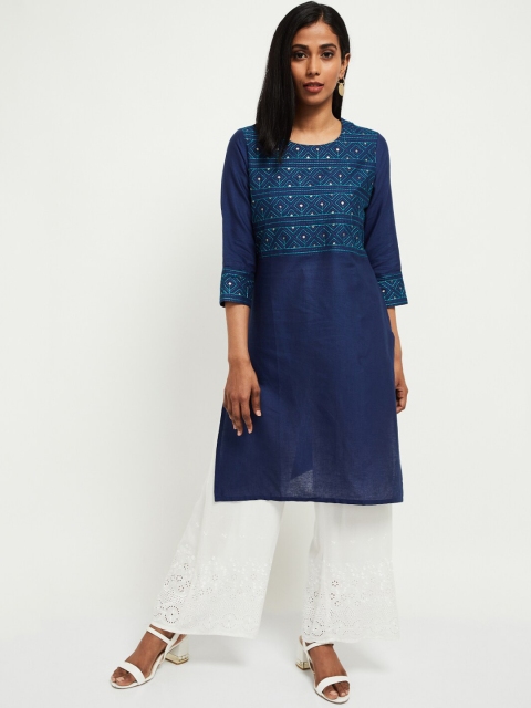 

max Women Blue Embroidered Straight Kurta