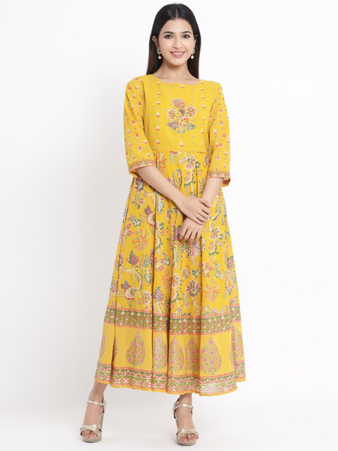 

Juniper Women Mustard Yellow Printed Maxi Dress