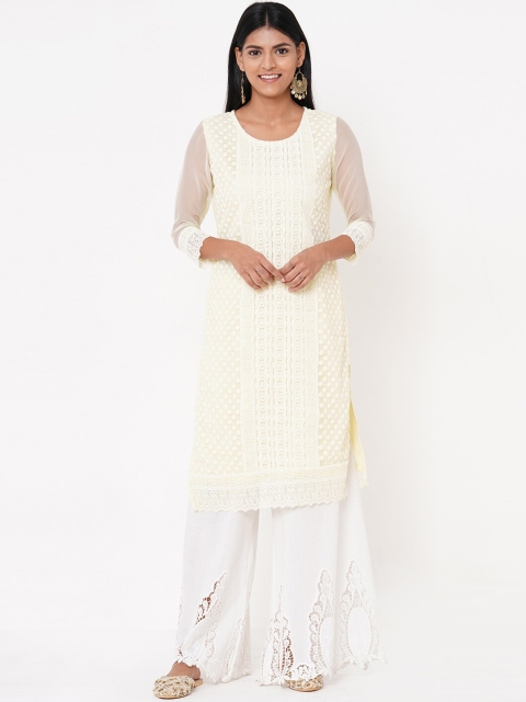 FASHOR Women Yellow Embroidered Straight Kurta