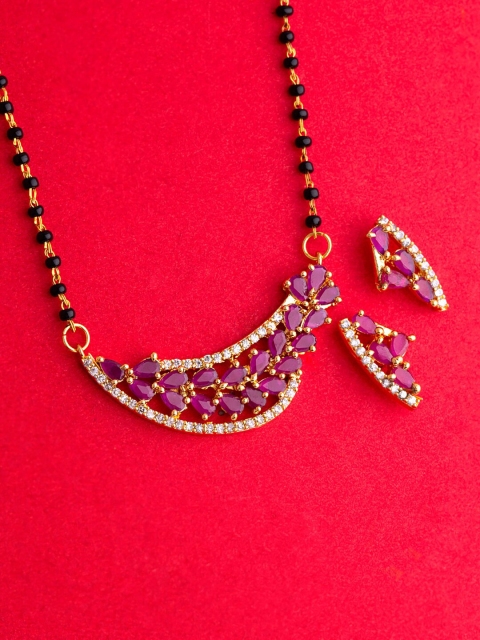 

Voylla Gold-Plated Red & White Zircon-Studded Beaded Mangalsutra