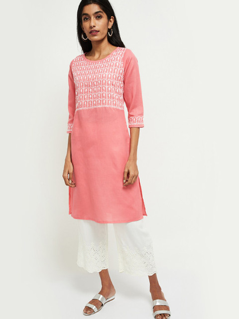

max Women Coral & White Yoke Design Straight Kurta