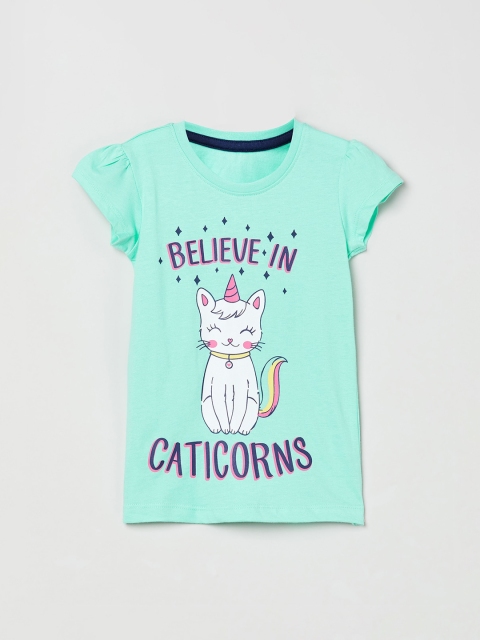 

max Girls Green Printed Round Neck T-shirt