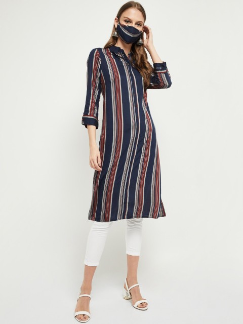 

max Women Navy Blue & Maroon Striped Straight Kurta