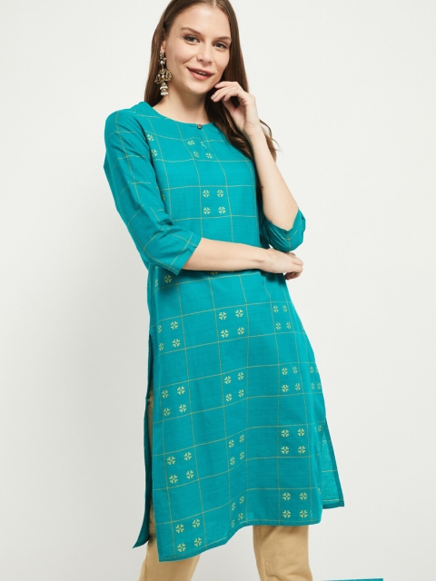 

max Women Green Printed Straight Cotton Kurta