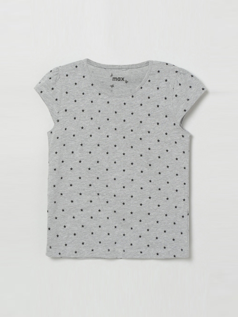 

max Girls Grey Black Printed Round Neck Pure Cotton T-shirt