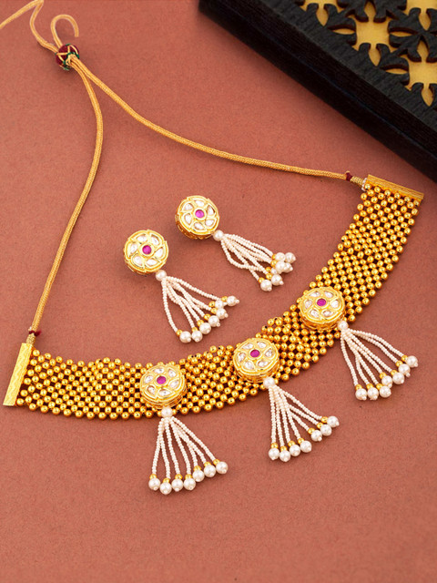 

Voylla Gold-Plated White & Pink CZ-Studded Beaded Tassel Jewellery Set