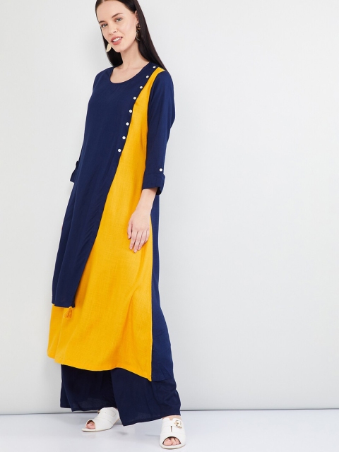 

max Women Mustard Yellow & Navy Blue Colorblocked Layered A-line Kurta