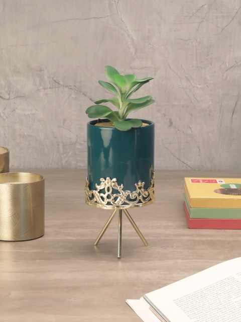 

OddCroft Green & Gold-Toned Solid Ceramic Planter With Stand
