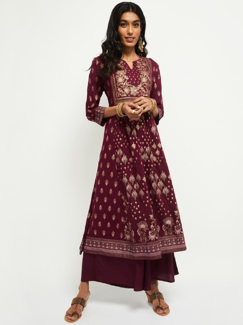 

max Women Burgundy Embroidered A-Line Kurta