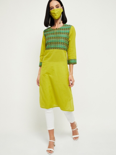

max Women Lime Green & Black Embroidered Straight Kurti