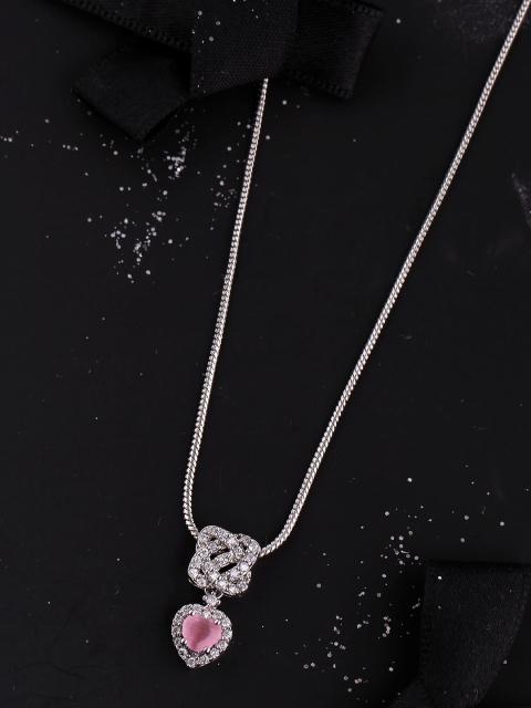 

Voylla Silver-Plated & Pink Love Knots Single Heart Pendant