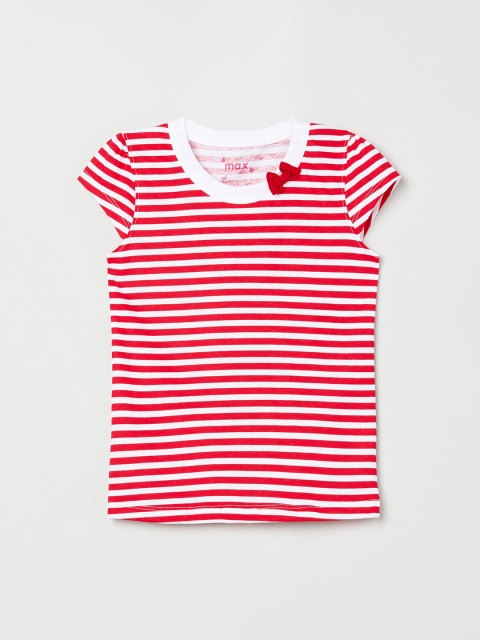 

max Girls Red & Off-White Striped Round Neck T-shirt
