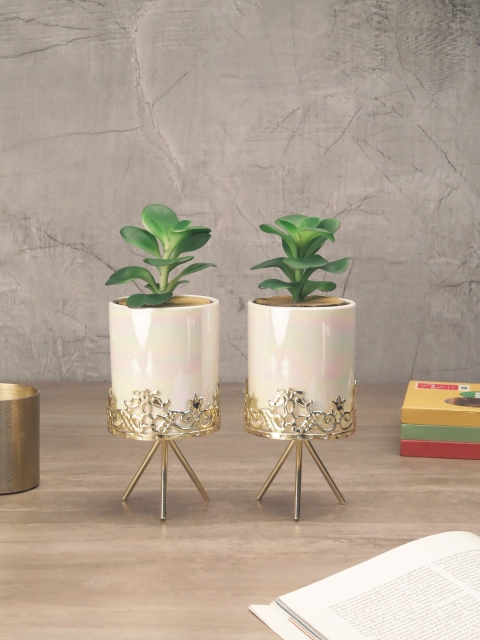 

OddCroft Set Of 2 White & Gold-Toned Ceramic Pot With Stand