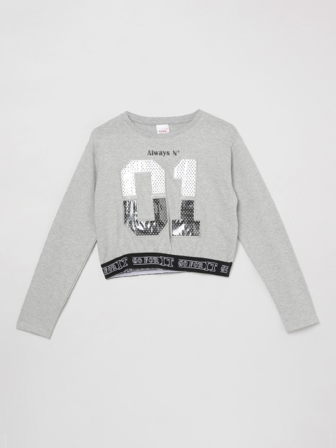 

max Girls Grey Printed Round Neck T-shirt